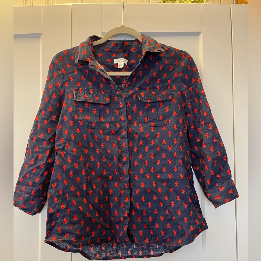 Charter Club Navy Linen Shirt with Red Leaf Pattern